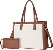 [MOSISO] Laptop Tote Bag, 15.6 inch PU Leather Women Rhombus Quilted Handbag & Clutch Purse, Waterproof Computer Bag Work Briefcase for Business Office, Brown