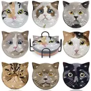 8 Pack Cat DIY Diamond Coasters Kit for Adults Kids Beginners with Holder