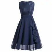 Women's Sleeveless Wedding Bridesmaid Lace Long Dress Big Swing Slim Dress Dark blue L