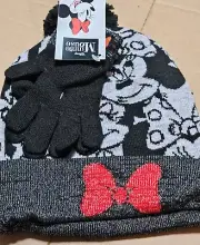 Kids Beanie Hat & Gloves Disney Minnie Mouse Collage Pom-Pom Black Grey & Red