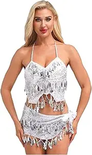 [TiaoBug] Women's Latin Belly Dance Costume Bra Top &Hip Scarf with Sequin Fringe Rave Party Performance Costume