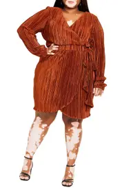 City Chic Macie Plissé Long Sleeve Faux Wrap Dress in Gingerbread at Nordstrom