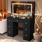 Black Dressing Table with Large Mirror &7 Sliding Storage Drawers Makeup Dresser