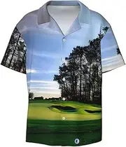 [VPPUR] Golf Course and Tree Print Fashion Short Sleeve Button Down Cuban Collar Shirt Left Chest Convenient Pocket