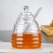 Glass Honey Pot with Dipper,Honey Jar and Dipper Set,Honey Dispenser, Beehive Honey Pot for Store Honey and Syrup （16.9 Oz）