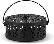 Portable Metal Mosquito Coil Holder with Handle and Lid,5.7 Inches Diameter Retro Portable Coil Holder,Fireproof Coil Incense Burner for Camp Use,Indoor,Outdoor