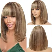 P4/27 Bob Wig with Bangs Human Hair Short Hair Wigs for Black Women 2.5 x 1 Inch Bob Wig Glueless with Bangs 12 Pieces