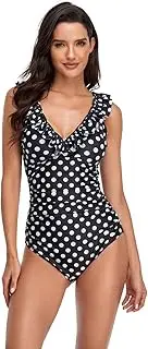 [TEMKIN] Women's Tummy Control One Piece Swimming Costume V Neck Polka Dot Printed Swimsuit Beach Swimwear