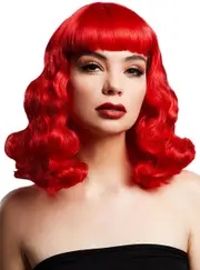 Heat Resistant Short Bright Red Bettie Womens Costume Wig with Fringe