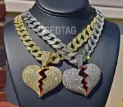 LUXURY STATEMENT JUMBO BROKEN HEART GOLD PLATED LAB DIAMOND PENDANT NECKLACE SET