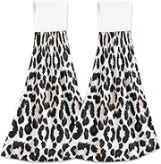 RPLIFE Bath Towels with Loops for Hanging, Soft Quick Dry Kids Bathroom Hand Towel Hook, 18.2 x 14 Inch, Set of 2, Black White Leopard Print