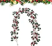 Moreeulsi Red Berry Garland | Winter Leaves Wreath,6.56FT Artificial Red Berry Green Leaves Garland for Christmas Mantel Decoration