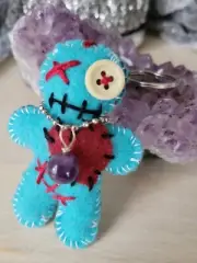 Handmade VooDoo Doll Keychain w/ Amethyst bead pendant necklace
