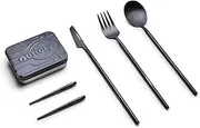 Outlery | Portable & Reusable Stainless Steel Travel Cutlery Set and Reusable Chopsticks (Black) Pocket Sized Cutlery Set