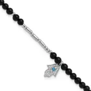 Sterling Silver Onyx Crystal and CZ Hamsa 9.5 Inch with 1 Inch Extension Anklet
