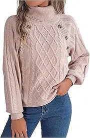 XUGYAO Women's Pullover Sweaters - Womens Fall Sweater Solid Button Cable Knit Turtleneck Lantern Sleeve Pullover Jumper Tops Casual Daily Wear Sweaters Pink