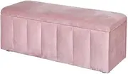 Artiss Upholstered Storage Ottoman, Foot Rest Stool Bench Padded Seat Blanket Box Chest Bedroom Living Room Indoor, 103 x 41.5 x 40cm Pink Open Lid Velvet Vertical Stripe Side