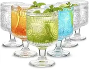 6 Packs Vintage Goblet Glasses, 8 oz Wine Glasses, Embossed Floral Glass Cups Set, Clear Drink Glasses, Drinking Goblets, Bar Tumbler Glassware for Iced Tea, Wine, Beer, Juice, Cocktail, Whiskey
