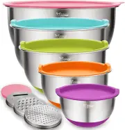 Mixing Bowls with Lids Set, 5PCS Stainless Steel Colorful Nesting Bowls with 3 G