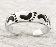 Black Enamel Footprint in the Sand Toe Ring -Sterling Silver Open Adjustable