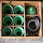 KOSUI CERAMIC TURQUOISE GREEN CRACKLE GLAZE TEA SET TEAPOT & SIX 6 CUPS NIB NEW