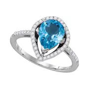 14k White Gold Pear Blue Topaz Diamond Teardrop Solitaire Ring 2 Cttw