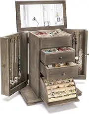 Rustic Wooden Jewelry Box for Women with Mirror - 4 Layer Organizer (Weathered Gray)