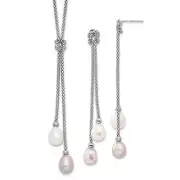 Solid Sterl Silver Pink White Pearl Knot Necklace Post Dangle Earrings Set 53"