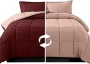 Elegant Comfort 3-Piece Reversible Comforter Set, All Season Cozy, Soft Down Alternative, Quilted - Box Stitched - Duvet Insert with 4 Corner Tabs, Comforter with Shams, Queen, Burgundy/Dusty Rose