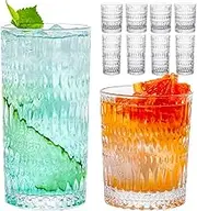 Drinking Glasses, 8 Piece Crystal Glass Cups, Mixed Glassware Set, 4 pcs Crystal Old Fashioned 13oz Highballs and 4 pcs 11oz Whiskey Glasses, Great for Cocktail, Whisky and other Beverages