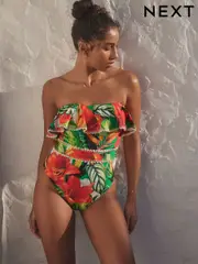 Red/Green Tropical Crochet Frill Tummy Control Bandeau Swimsuit (E51464) | $111