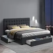 Artiss Queen Bed Frame Platform Tufted Headboard Frames Beds Base with 4 Storage Drawers Bedroom Room Decor Home Furniture, Upholstered with Charcoal Faux Linen Fabric + Foam + Wood