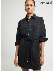 River Island Black Mini Belted Denim 100% Cotton Shirt Dress (AC5966) | $52