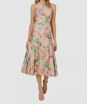 Aidan Mattox Woman's Pink Orange Floral Print Jacquard Midi Dress Size: 2