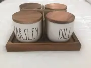 Rae Dunn Spice / Herb Jars With Wooden Lids & Tray