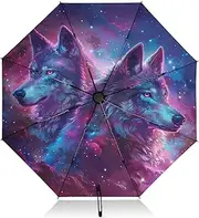 [PDZRMY] UV Protection Travel Umbrella Two Wolfs Galaxy Compact for Rain and Sun - Auto Open and Close UPF 50+ Windproof Portable 46” Sun Umbrella for Women and Men