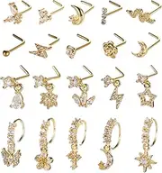 [SAMOCO] 20Pcs 20G Dangle Nose Ring L Shaped Dangling Nose Stud for Women Stainless Steel Nose Ring Studs CZ Flower Dangle Nose Rings Hoops Nose Piercing Jewelry