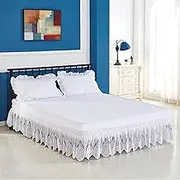 Liveinu Wrap Around Ruffled Lace Bed Skirt, Elastic Dust Ruffle with Adjustable Belts, 15 Inch Drop Easy to Put On, Bed Frame Cover, White 1