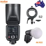 Godox V100N TTL Round Head Camera Flash for Nikon + AK-R22 Diffuser + S2 Bracket