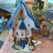 Blue Sky Clayworks Cottage Tea Light with Kitty at Door Bird and Bee Dangles