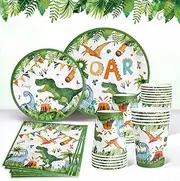 Dinosaur Disposable Tableware Set Roar Dino Tablecloth Plates Cups and Napkins for Birthday Party Decorations