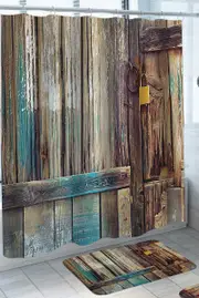 Worn Out Blue Wooden Wall and Door Shower Curtain