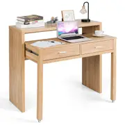 Giantex Wood Computer Desk Pull Out Design Writing Desk w/Top Shelf & 2 Drawers Modern Home Office Workstation Natural