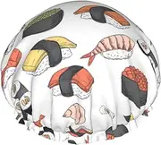 Sushi Print Shower Cap For Women Men Reusable Lightweight Soft Bath Hair Cap With Elastic Band