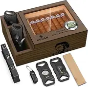 KEJIAR Cigar Humidor with 2 Side Cigar Accessories Boxes,Glass Top Cedar Small Cigar Humidor with Cigar Cutter,V-Cutter, Humidifier and Digital Hygrometer, Cigar Gifts for Men