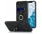 Full Protection Cover for iPhone XR, 2 Cards PU Leather Case with Ring Holder - Black