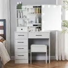 White Dressing Table LED Mirror &Stool Vanity Table Mirror Makeup Desk 6 Drawers
