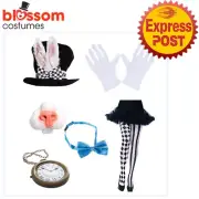 N639 Mad Hatter Bunny Ears Hat Nose Stockings Watch Alice In Wonderland Costume