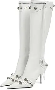 [Oiamenne] Knee High Boots for Women Fashion Slide Zipper Pointed Toe Stiletto Studded High Heel Rivets Tassel Boots Party Dress Shoes