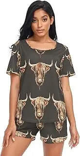 [RPLIFE] Highland Cow Head Women's Pajamas Shorts Set, Matching Sets for Women Loungewear, Highland Cow Head, Large